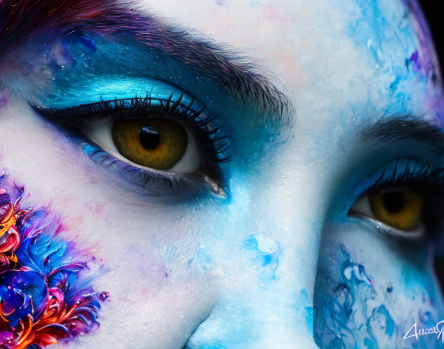 Detailed Close-Up of Person with Vibrant Blue and Red Cosmic Face Paint