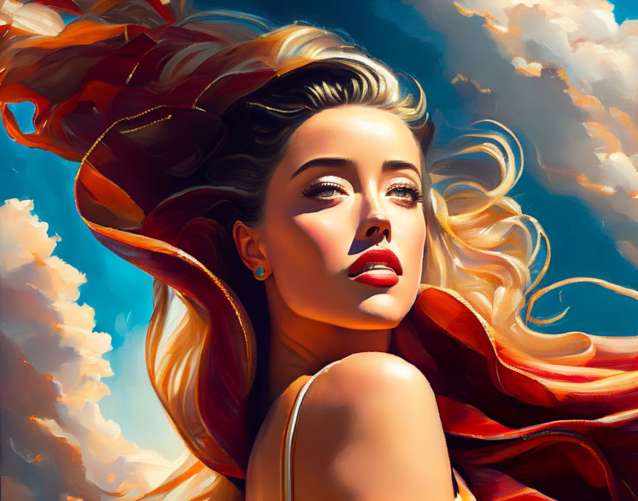 Digital portrait of woman with red hair against blue sky and clouds, featuring striking red lipstick