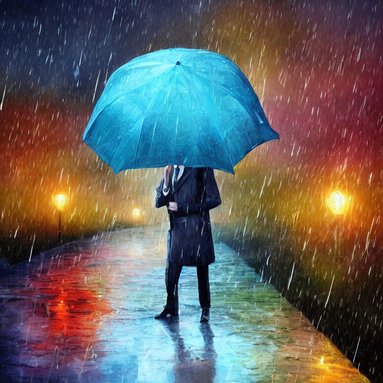 Person in Dark Coat with Blue Umbrella on Wet Illuminated Pathway