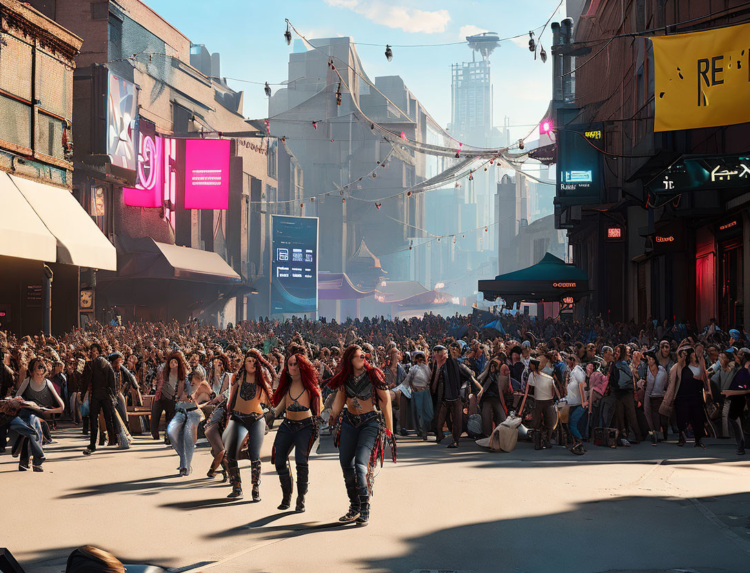 Diverse crowd on urban street with dancers and neon signs