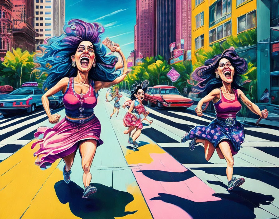 Vibrant city scene: Three women running on colorful crosswalk