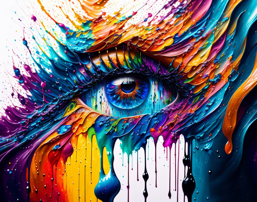 Eye with vibrant multicolored paint splashes and swirls