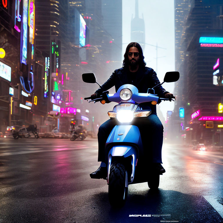 Person riding blue scooter on foggy urban street with neon signs at night