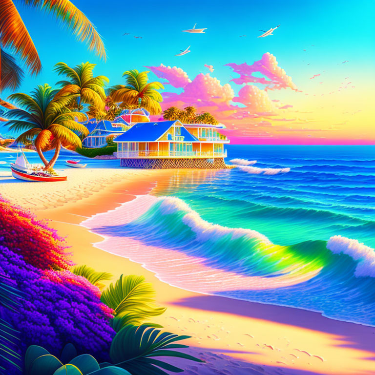 Tropical beach sunset with waves, palm trees, stilted house, flowers, and birds