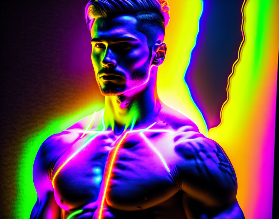 Colorful neon-lit portrait of a muscular man in pink, blue, yellow, and green contours