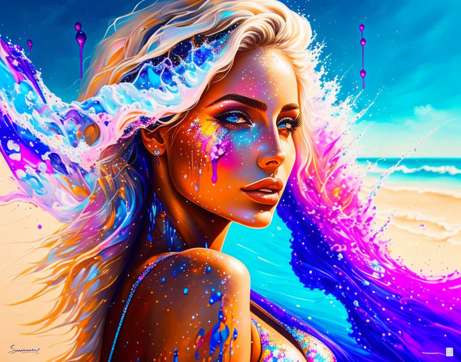 Colorful artwork featuring woman with cosmic paint in beach setting