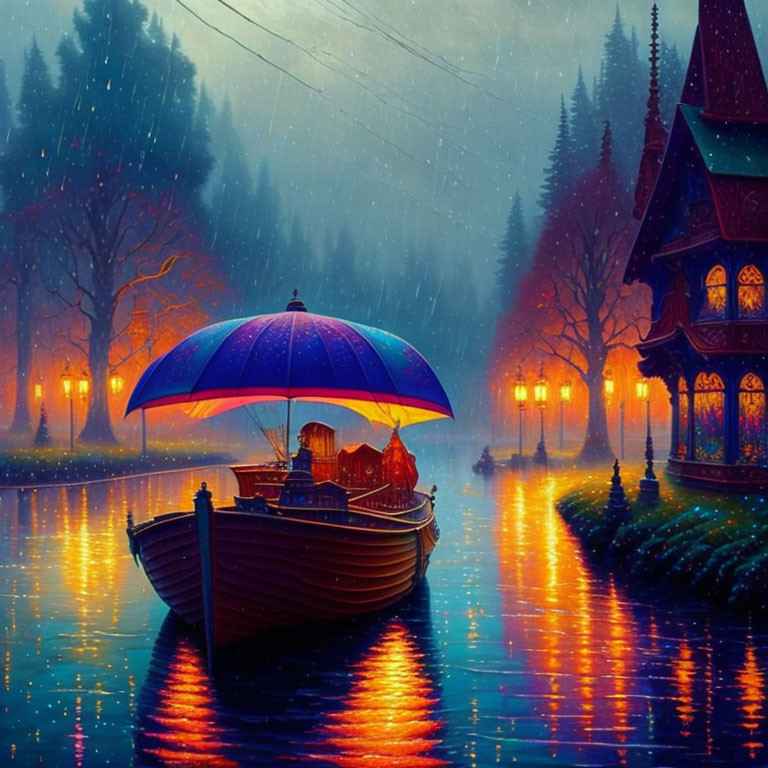 Colorful digital artwork: moored boat, lit umbrella, rain-soaked river, glowing cottage at