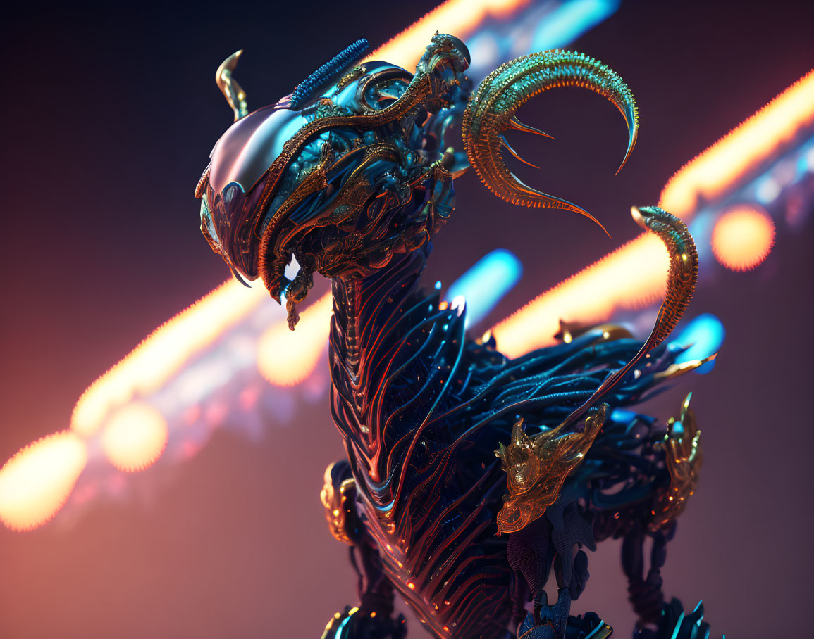 Metallic dragon with intricate designs in neon-lit setting