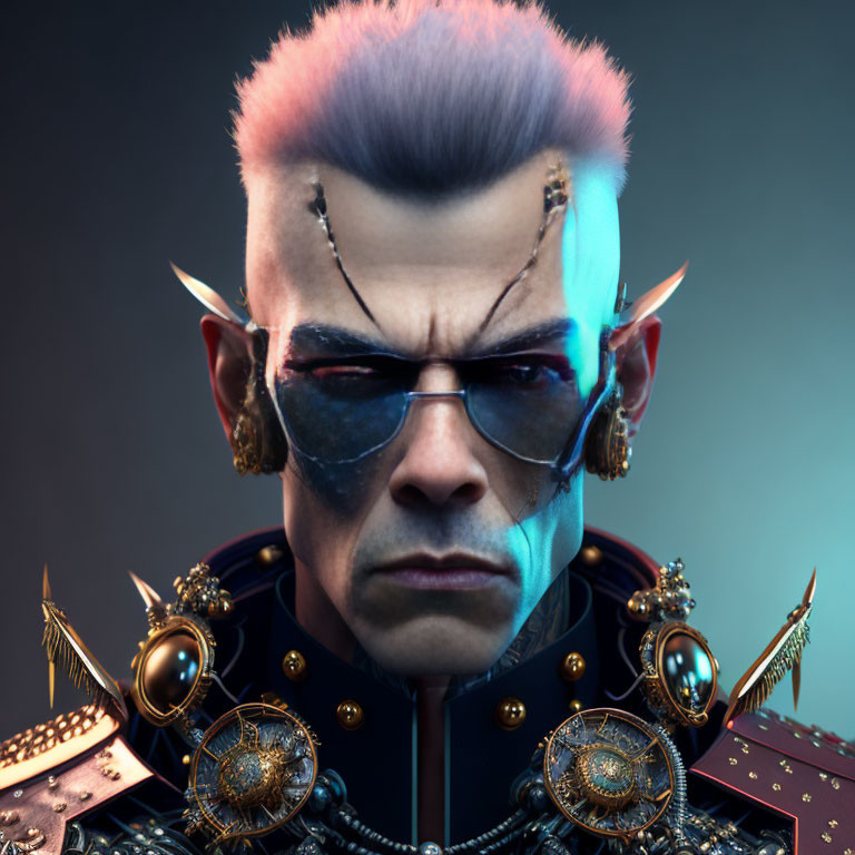 Male character with purple mohawk, pointed ears, facial scars, golden earrings, and ornate