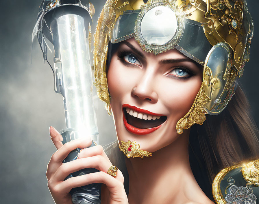 Woman with blue eyes, red lipstick, gold helmet, and futuristic sword smiling.