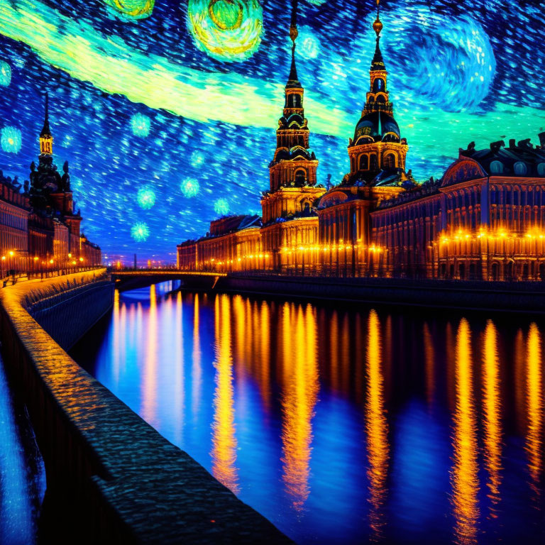 Illuminated riverside walkway with starry night sky