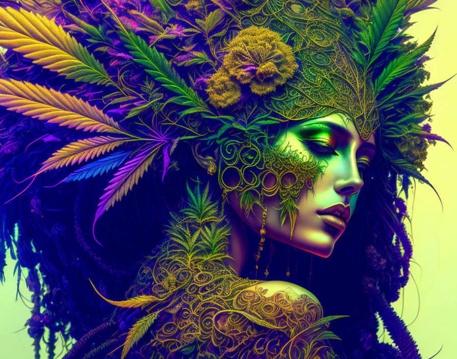 Colorful artwork of a woman with intricate headdress and face tattoos, including cannabis leaves, in psychedelic