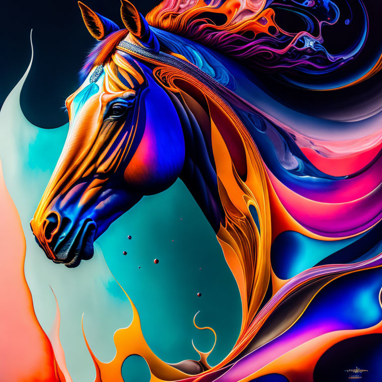 Colorful digital art: stylized horse profile with rainbow mane on dark background