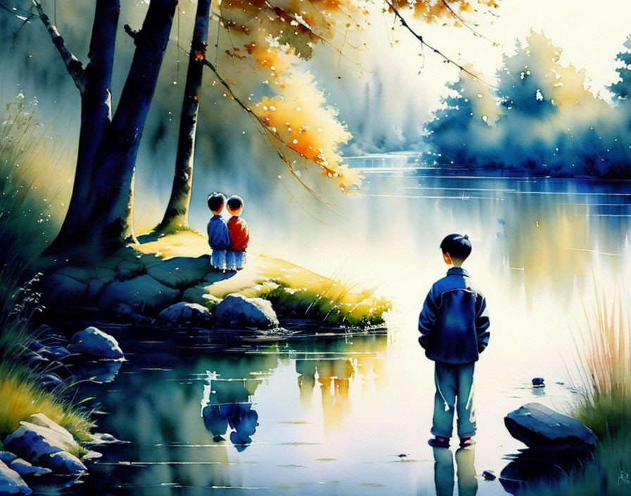 Children by tranquil lake with autumn trees.