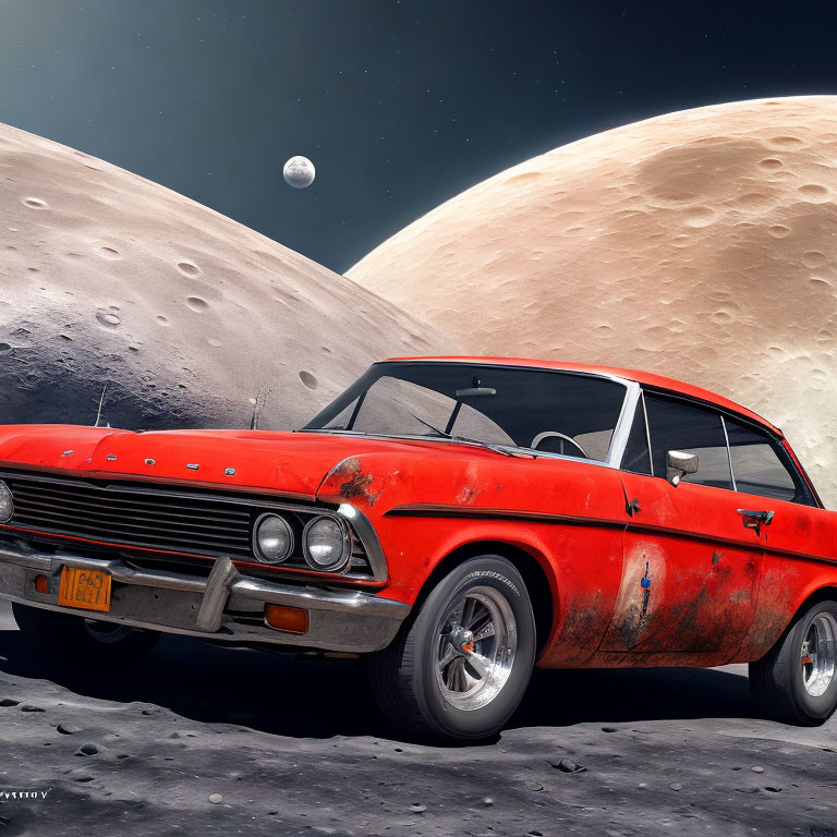 Vintage Red Car on Lunar Surface with Planet Background