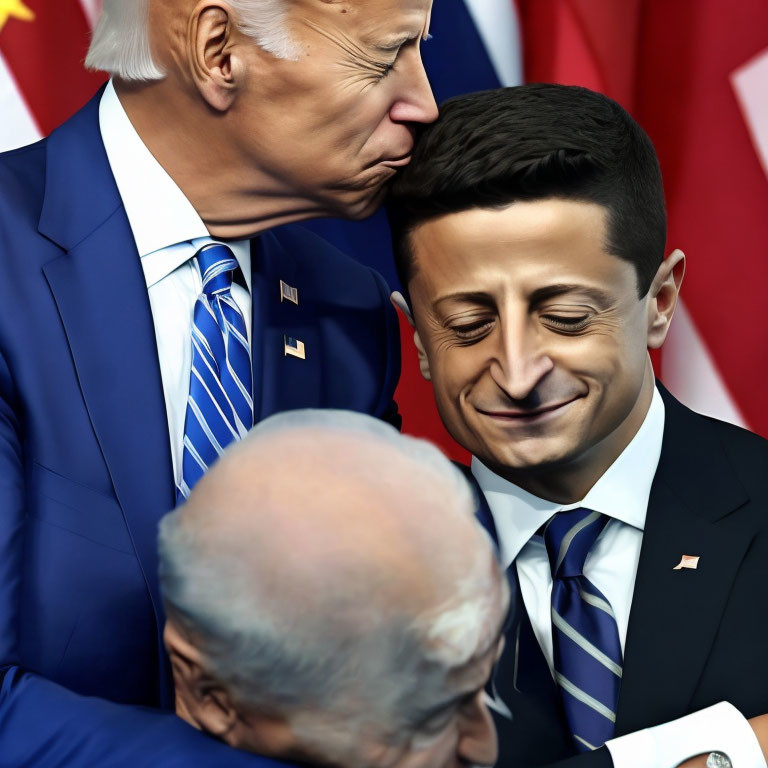 Cartoon characters resembling public figures whispering against flag backdrop