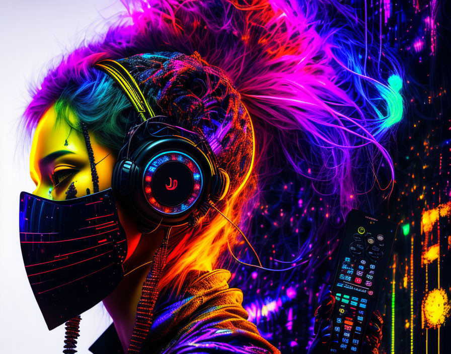 Vibrant digital artwork: person with colorful hair, headphones, face mask, and mixing console in