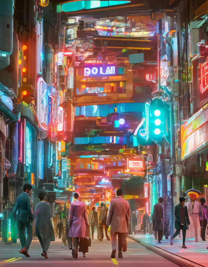 Vibrant neon-lit street scene with colorful signage and pedestrians.