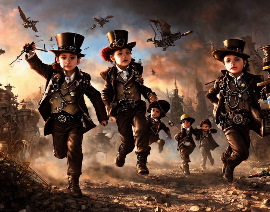 Children in steampunk attire running with industrial backdrop