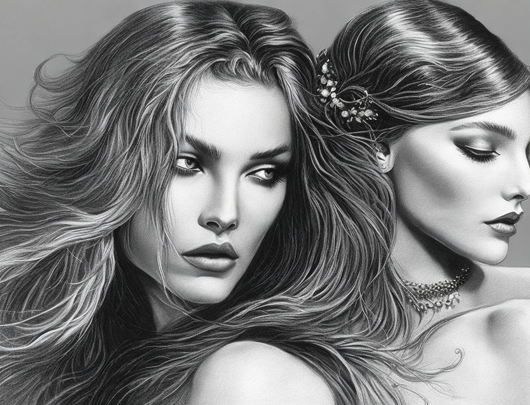 Detailed Monochrome Illustration of Two Women with Intricate Hair and Makeup