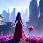 Character in Blue and Purple Outfit Surrounded by Pink Flowers and Futuristic Cityscape