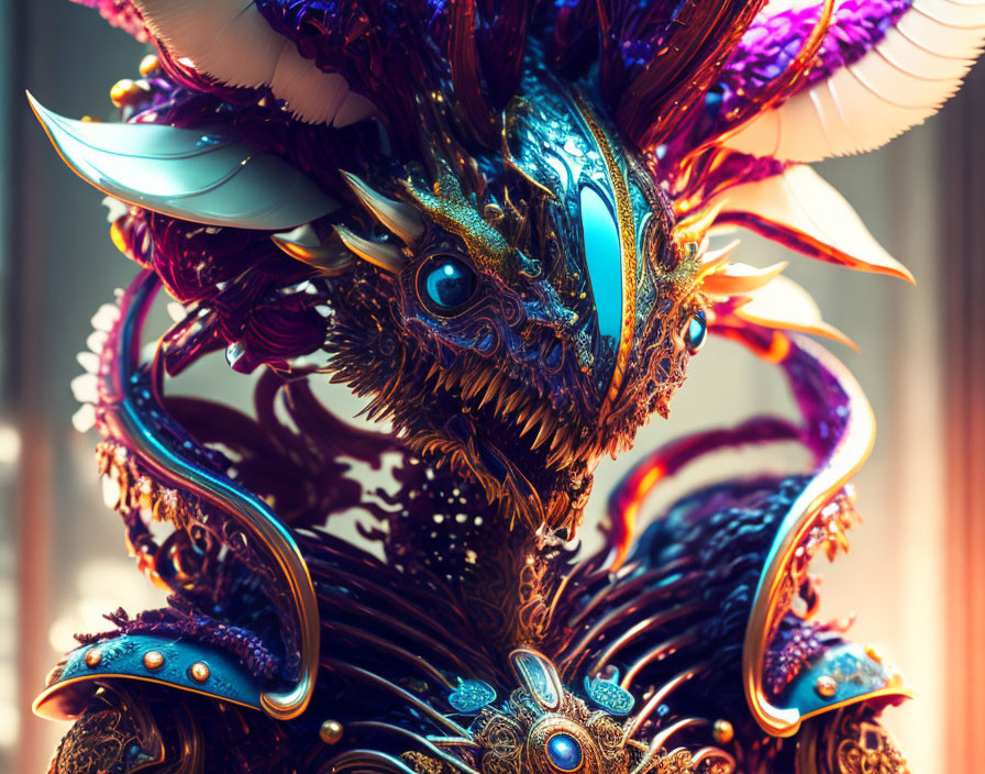 Colorful creature with iridescent scales, feathered plumes, and ornate armor.