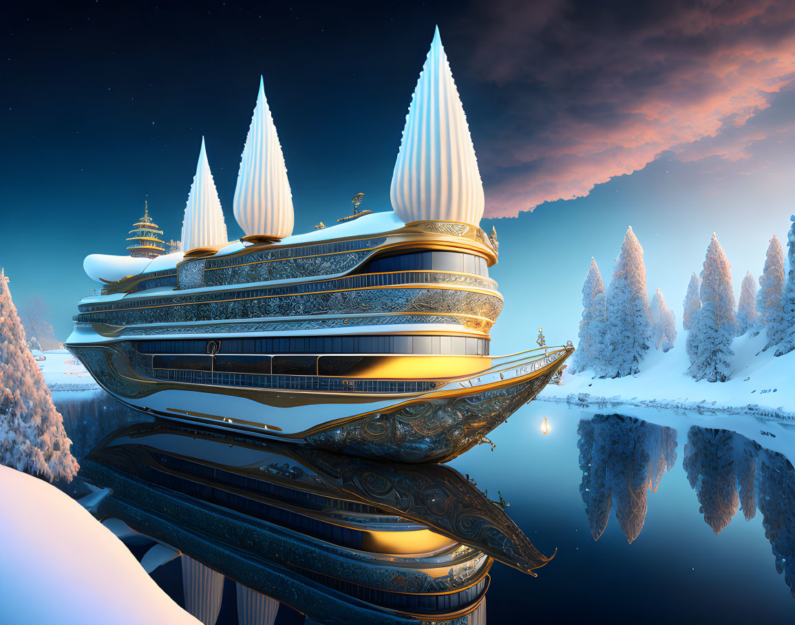 Ornate futuristic ship with spire-like structures over icy landscape at sunset