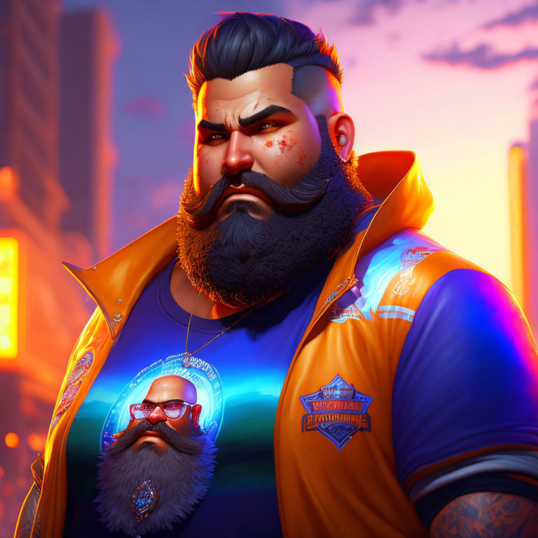 Stylized animated man with beard in blue and orange jacket against neon-lit cityscape