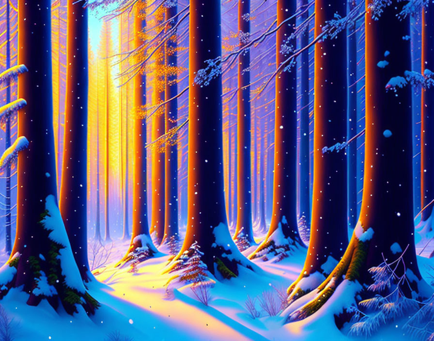 Snowy forest with golden light and falling snowflakes