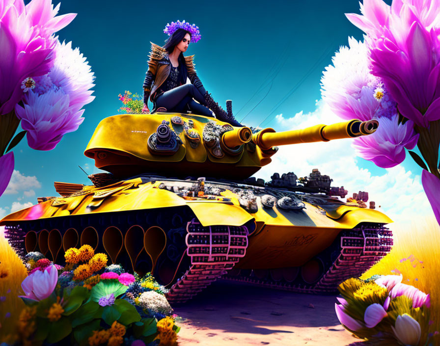 Woman in leather outfit on colorful tank with oversized flowers under blue sky