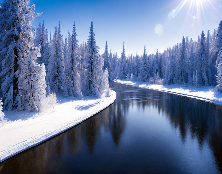 Snowy landscape with river, frosty trees, and bright sun.