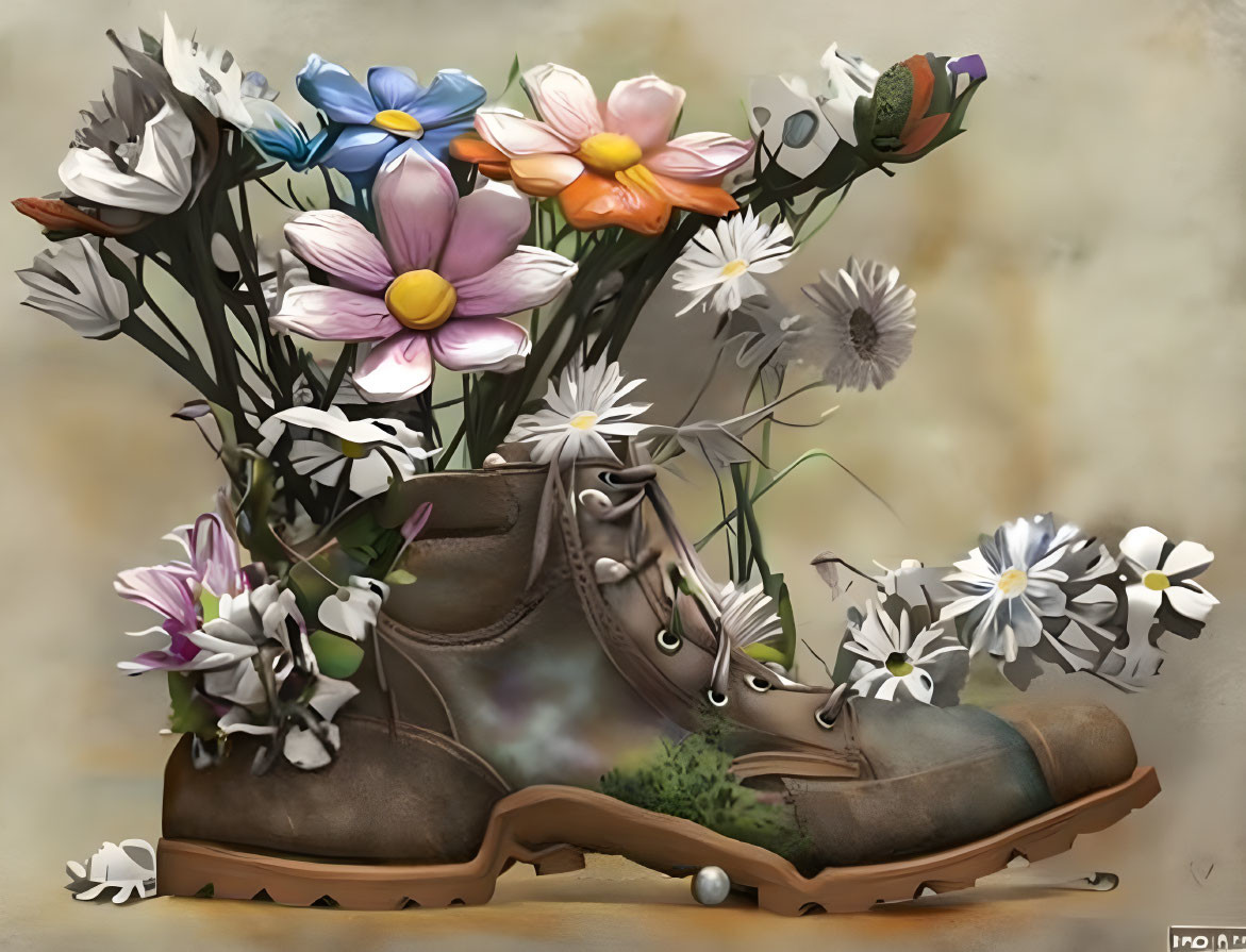 Brown Boots Repurposed as Flower Pot with Artificial Flowers