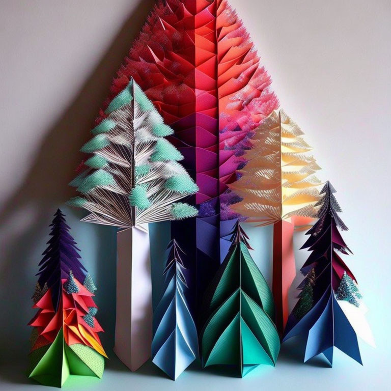 Vibrant paper art: Trees in triangle formation