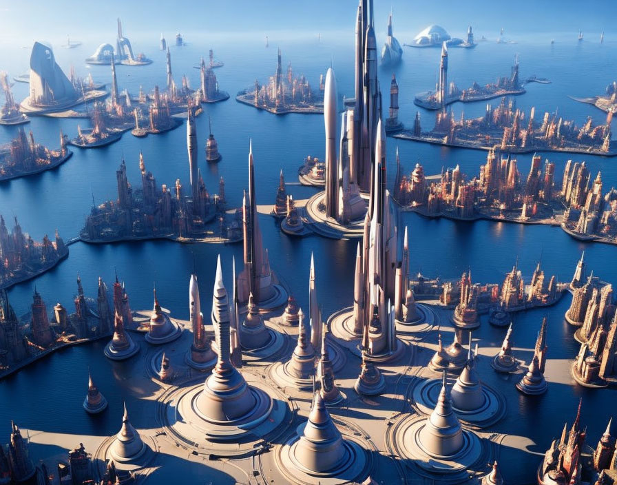 Futuristic cityscape with tall spires and water channels