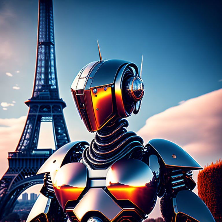 Futuristic robot in front of Eiffel Tower at sunset