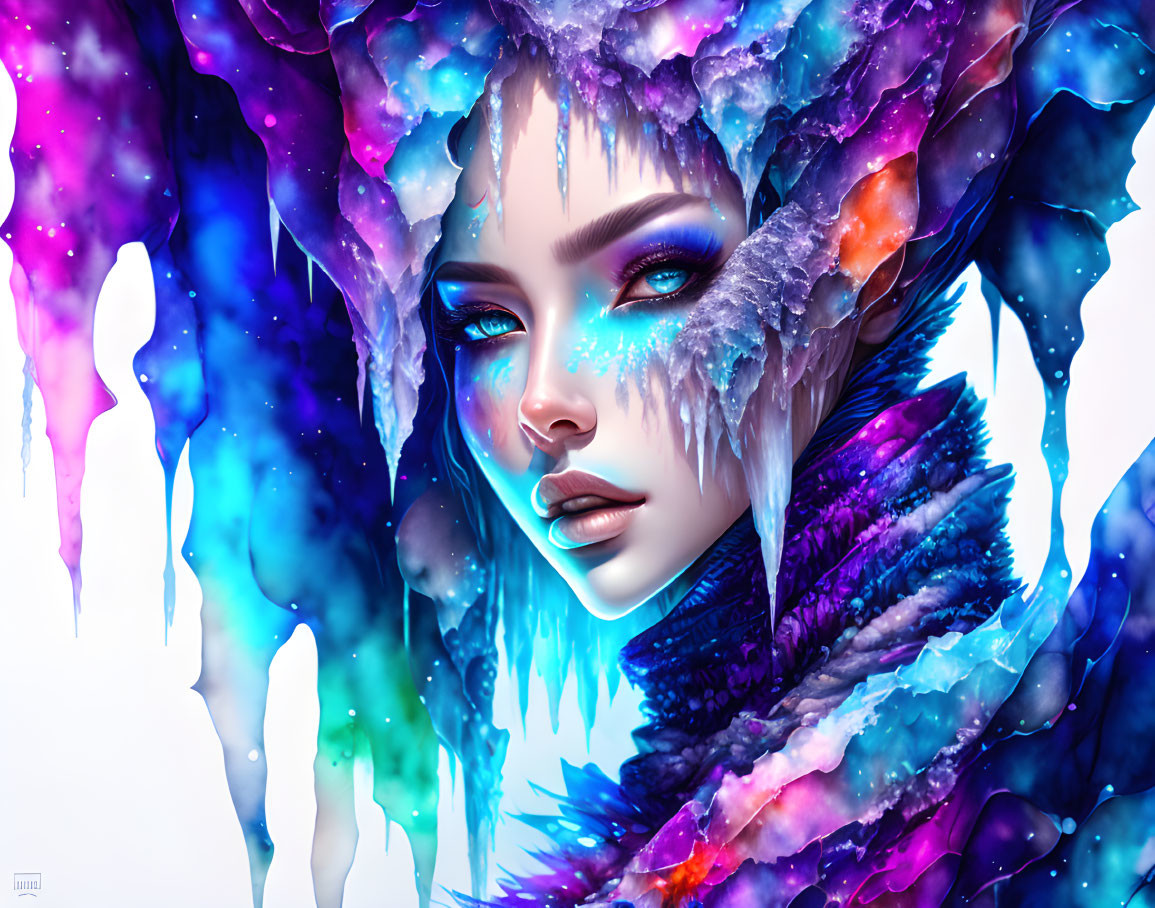 Colorful Digital Portrait of Woman with Crystalized Features and Icicle Details