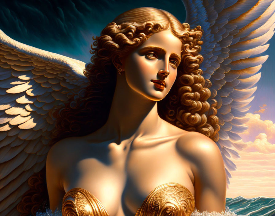 Golden-armored angel with flowing hair and expansive wings in serene sky