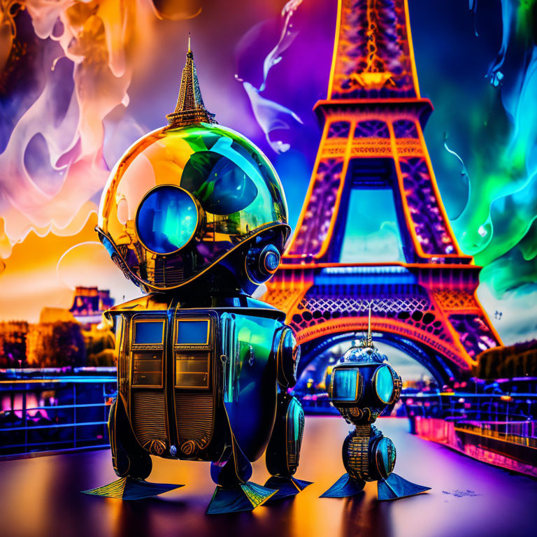 Colorful surreal artwork: Two vintage diving suit robots at Eiffel Tower