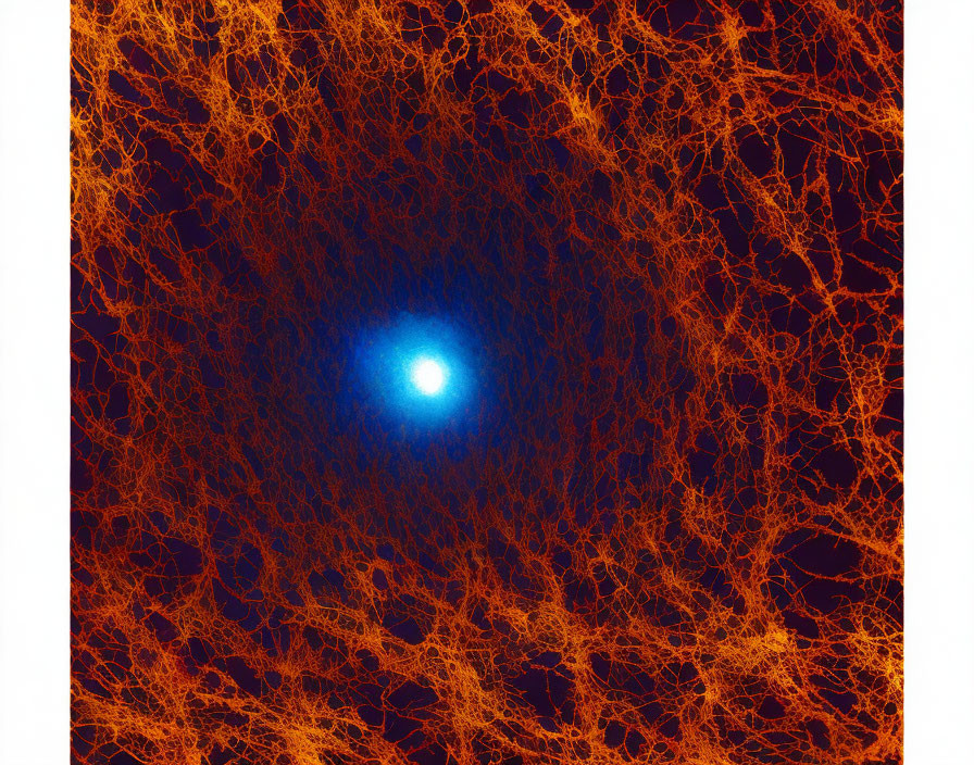 Vibrant blue light amidst orange and red fibers on dark background