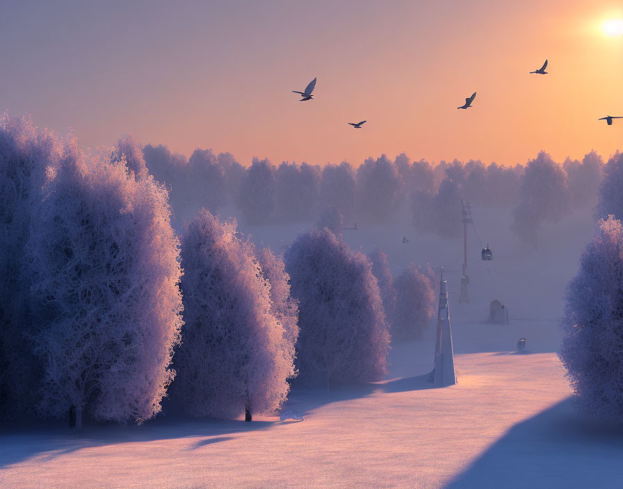 Frost-covered trees in serene winter sunset scenery