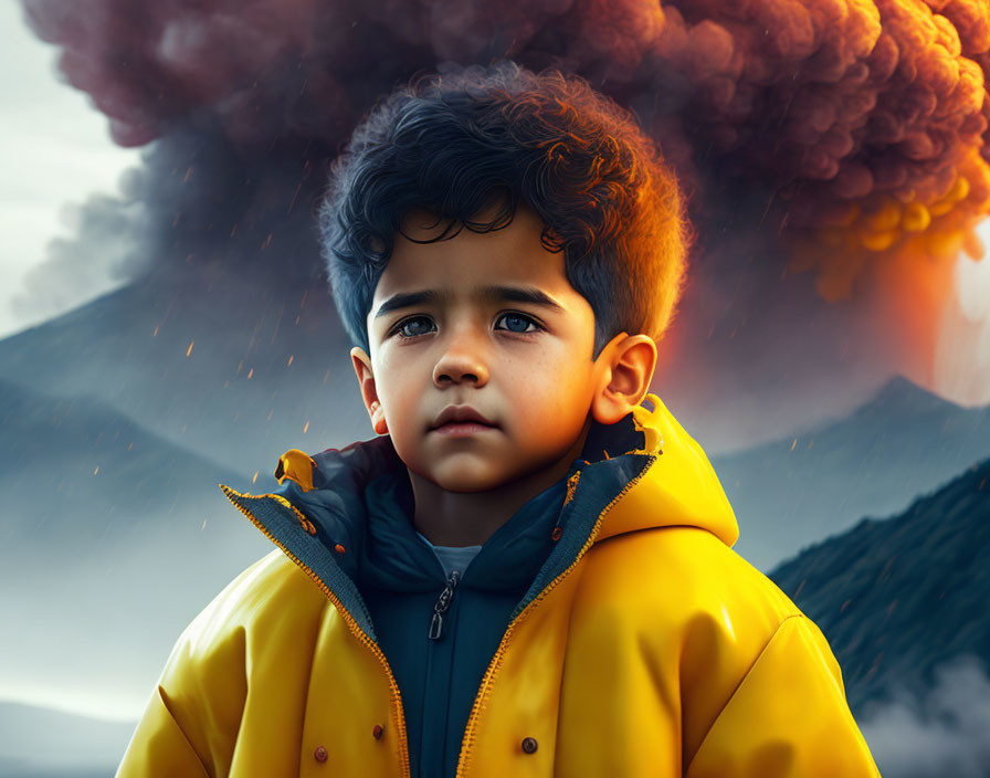 Boy in Yellow Jacket Witnessing Volcanic Eruption