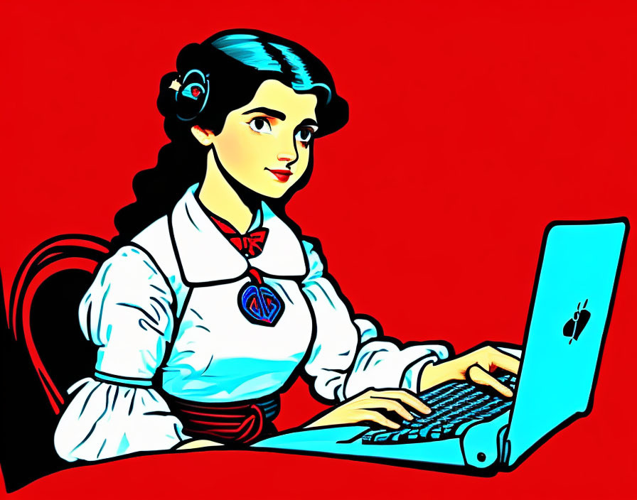 Stylized illustration of woman with black hair using laptop on red background