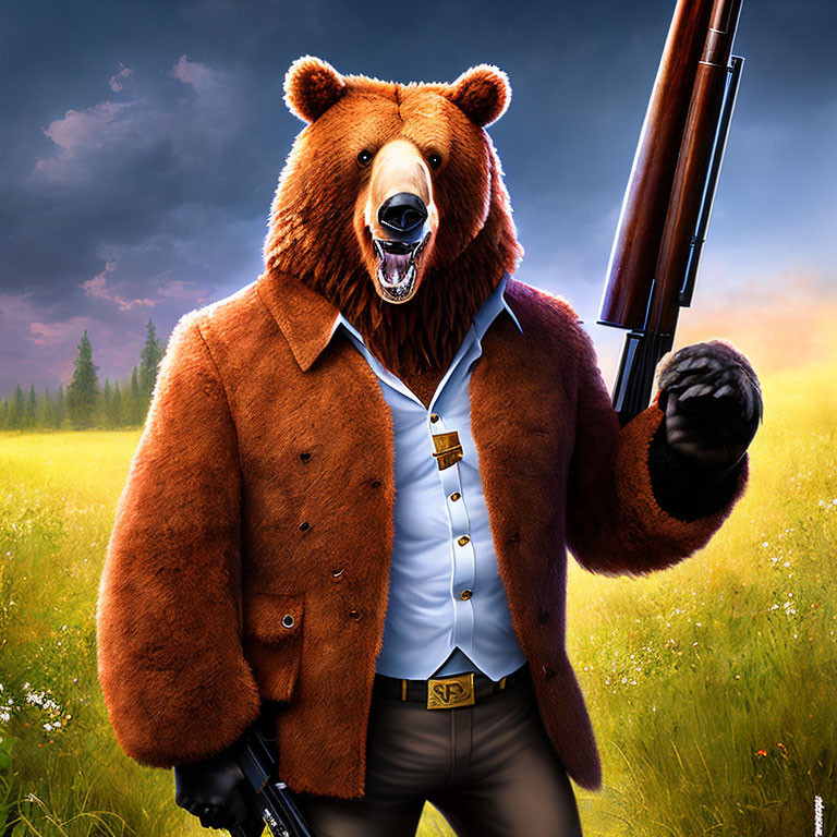 Bear in shirt, tie, and coat with gun in field, forest background