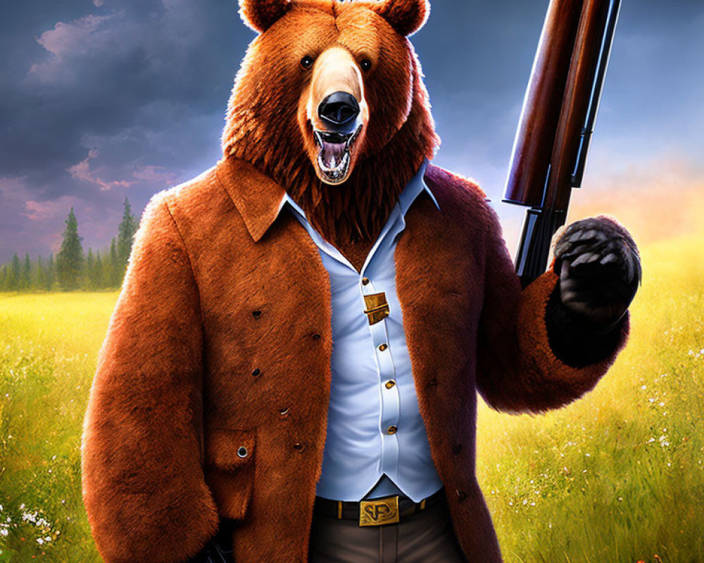 Bear in shirt, tie, and coat with gun in field, forest background