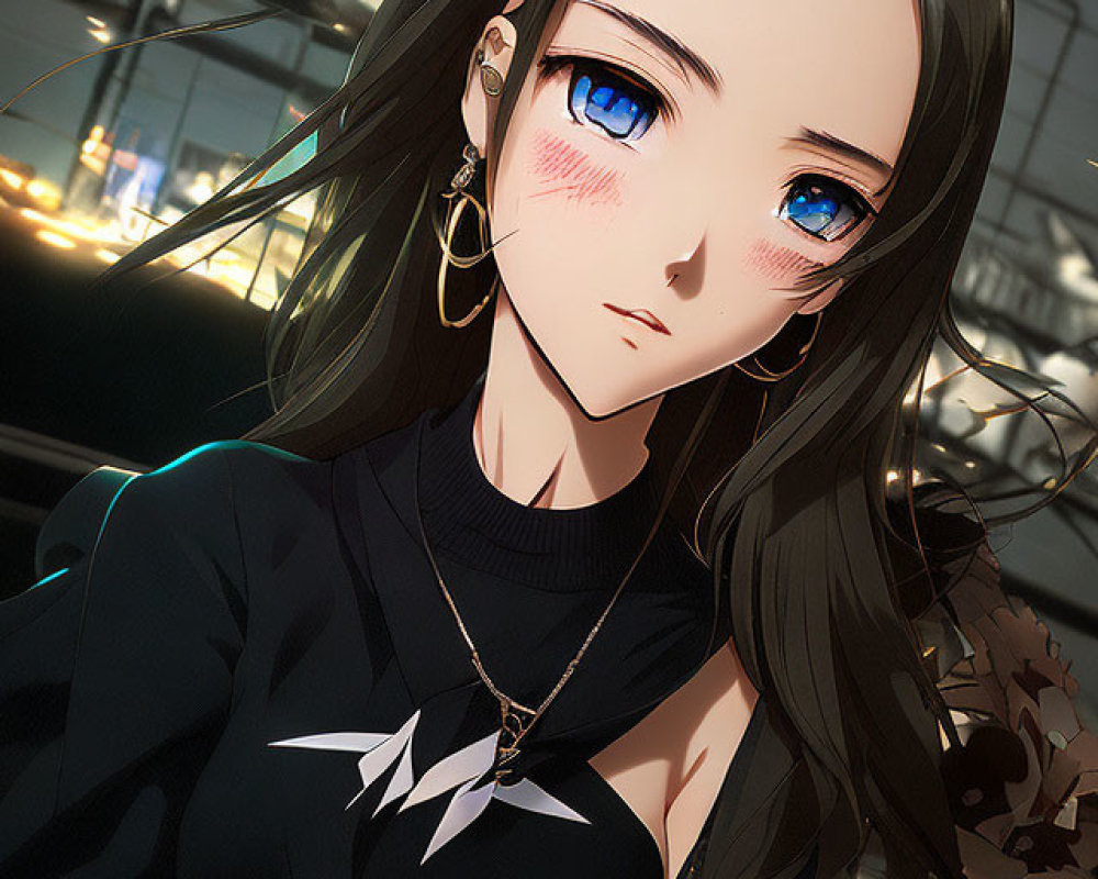 Dark-haired animated character in black top with blue eyes and earrings against urban night backdrop