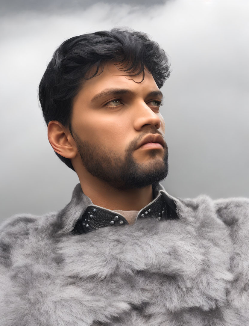 Portrait of man with dark hair and fur collar, under cloudy sky