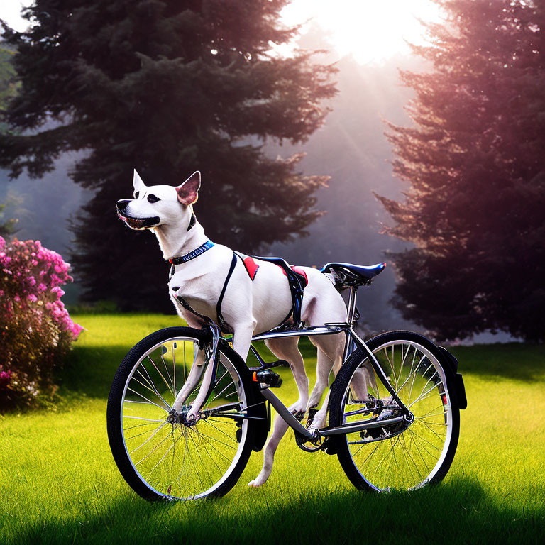 Dog on Bicycle Saddle in Grassy Field with Trees