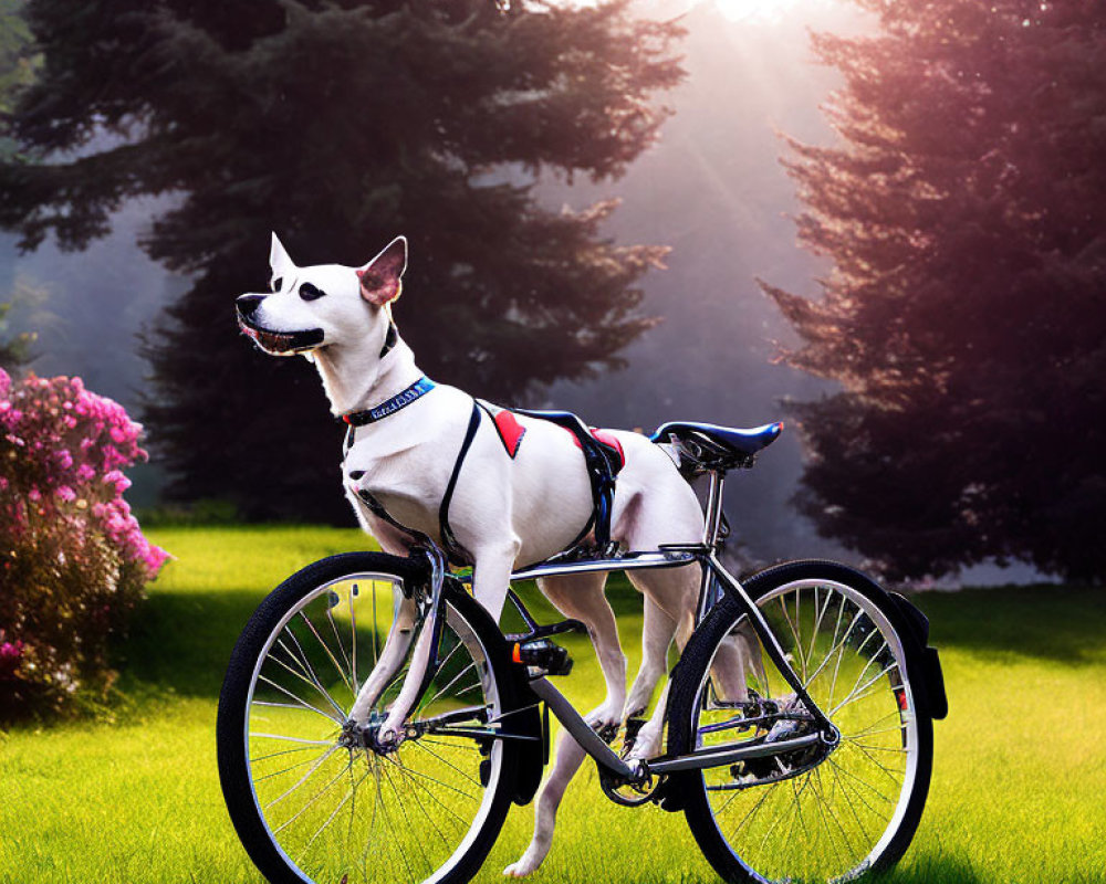 Dog on Bicycle Saddle in Grassy Field with Trees