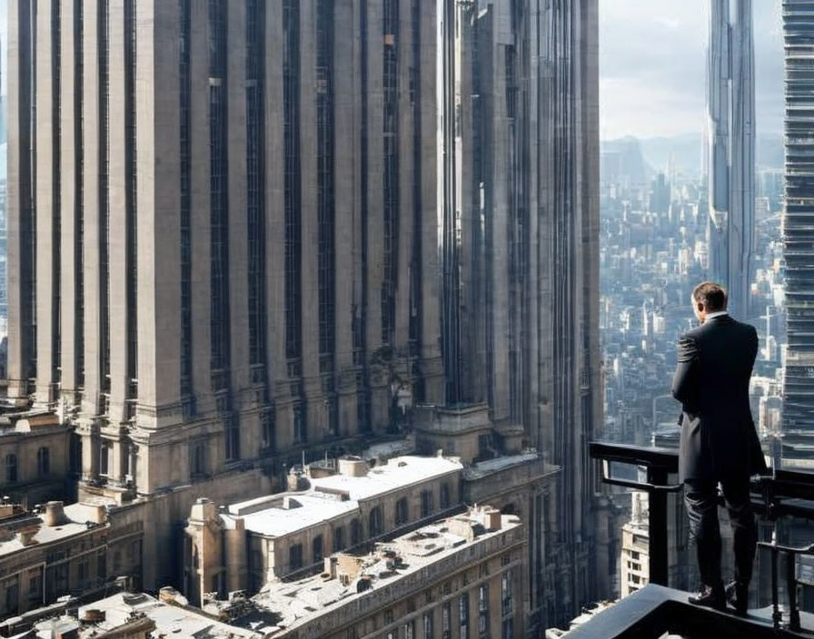 Man in suit on high-rise balcony overlooking cityscape with skyscrapers