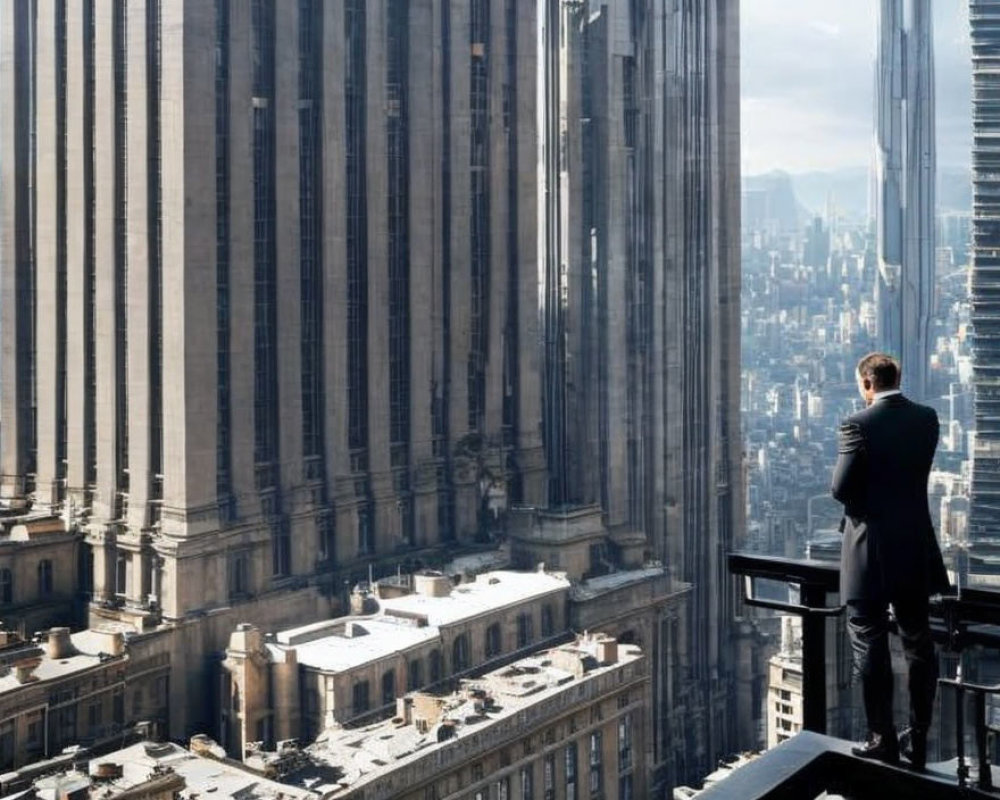 Man in suit on high-rise balcony overlooking cityscape with skyscrapers